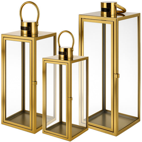 Set 3 felinare decorative din sticla, Zola, dimensiuni diferite 63 / 49 / 38 cm, otel inoxidabil, aurii Set 3 felinare decorative din sticla, Zola, dimensiuni diferite 63 / 49 / 38 cm, otel inoxidabil, aurii